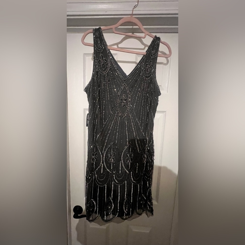 NWT Prelude Nights Gray Art Deco Beaded Flapper Dress size 16